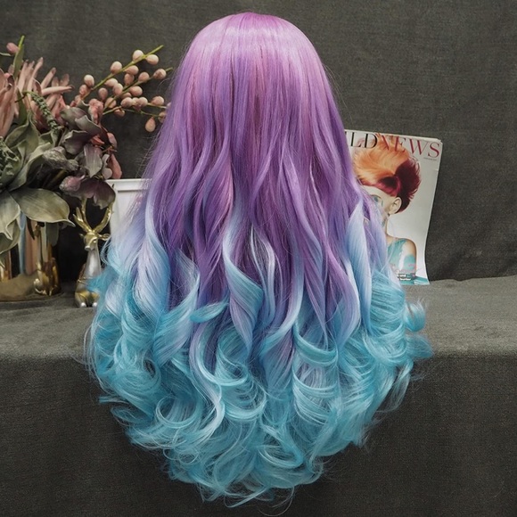 💕24” PURPLE BLUE UNICORN 🦄 OMBRE BODY WAVY CURLY LACE FRONT WIG 💕 NWT - Picture 4 of 7